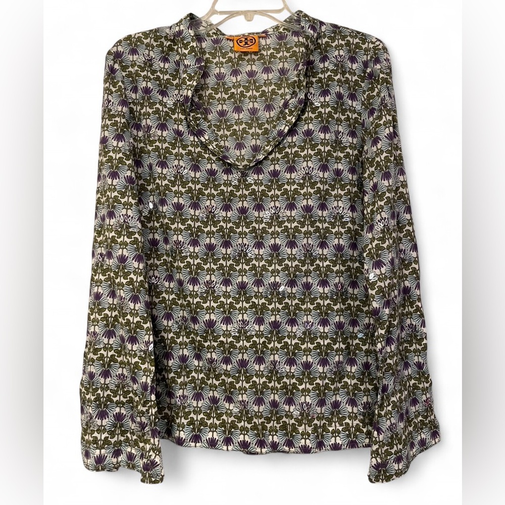 Tory Burch Stephanie Blue, Green & Purple Cotton Blouse Womens Size 8